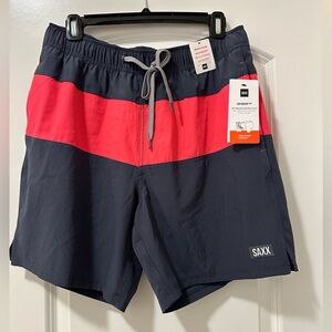 SAXX Oh Buoy Colorblock Volley Swim Trunks in India Ink/Hibiscus - size M NWT